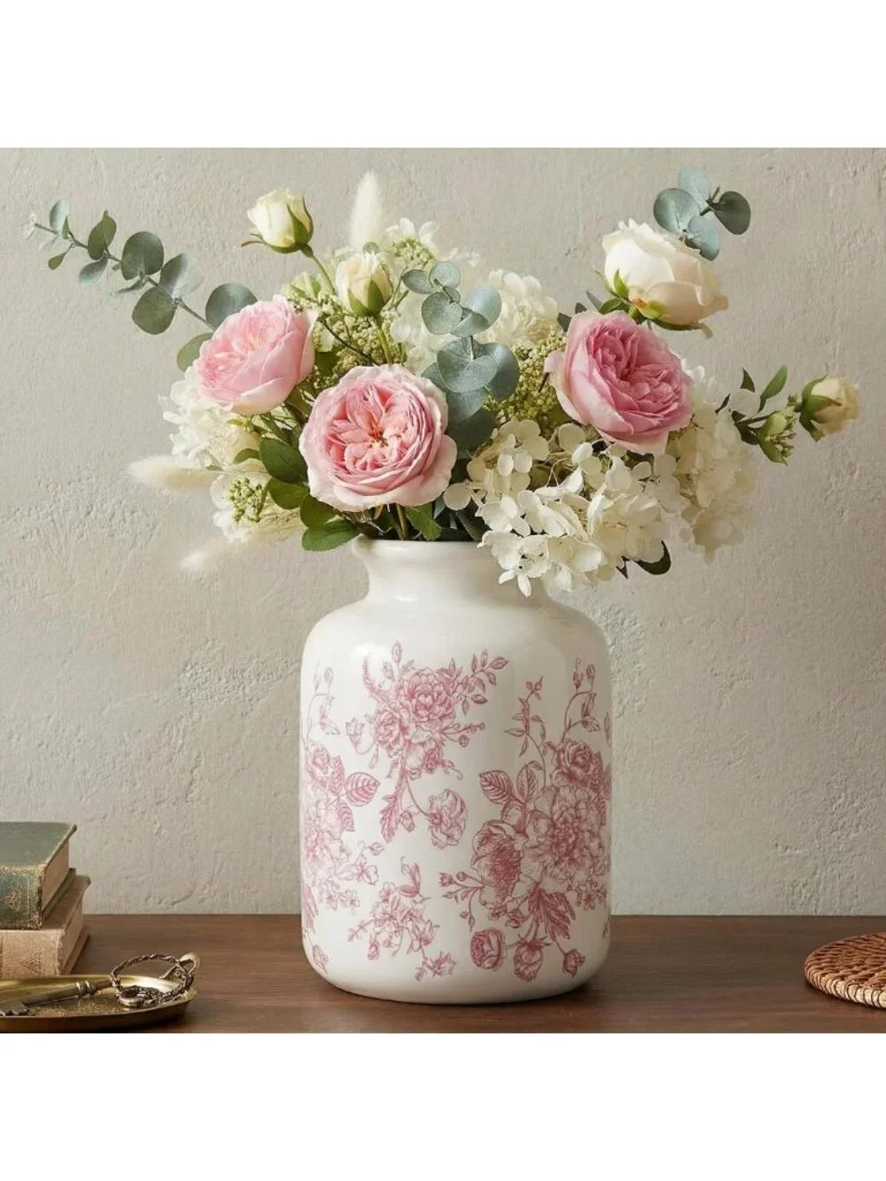 Large Pink Vintage Floral Vase - Retro Rustic Ice Cracked Ceramic Home Decor